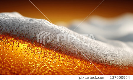 Closeup view of curved beer foam and golden bubbles on warm blurred background, expressing freshness concept Closeup view of curved beer foam and golden bubbles on warm blurred background, expressing freshness concept 137600964