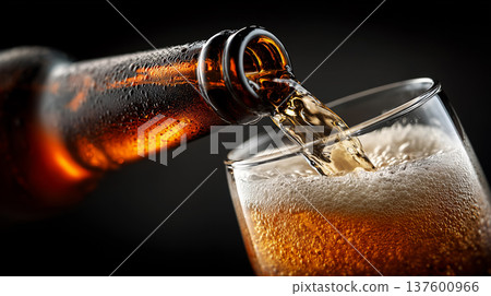 Fizzy dark stout beer being poured into chilled glass on warm brown background, concept of refreshment and taste Fizzy dark stout beer being poured into chilled glass on warm brown background, concept of refreshment and taste 137600966