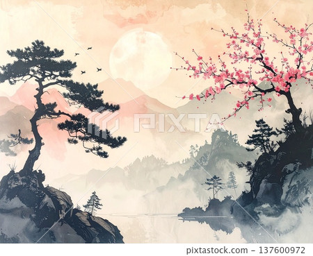 Japanese landscape Japanese style illustration 137600972