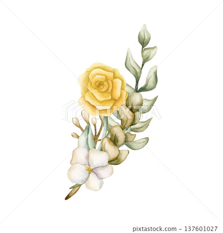 Cute Colourful Meadow Flower Bouquet. Watercolor summer spring bloom floral illustration hand painted isolated on white background for nursery baby kids design fresh prints cards posters textile 137601027