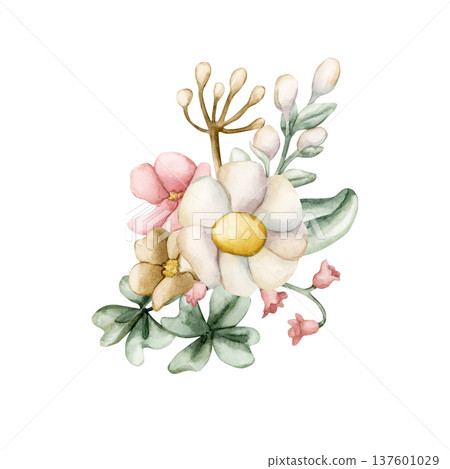 Cute Colourful Meadow Flower Bouquet. Watercolor summer spring bloom floral illustration hand painted isolated on white background for nursery baby kids design fresh prints cards posters textile 137601029