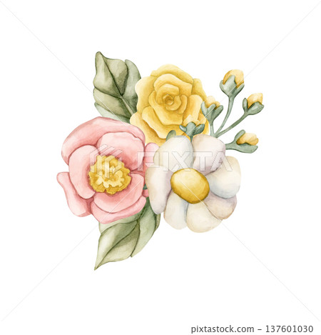 Cute Colourful Meadow Flower Bouquet. Watercolor summer spring bloom floral illustration hand painted isolated on white background for nursery baby kids design fresh prints cards posters textile 137601030