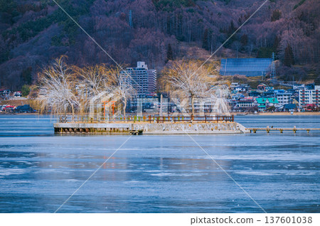 Frozen Lake Suwa and Hatsushima Island covered in frost 137601038