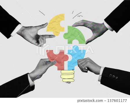 Collage of collaborative idea generation through puzzle pieces. Collage of collaborative idea generation through puzzle pieces. 137601177