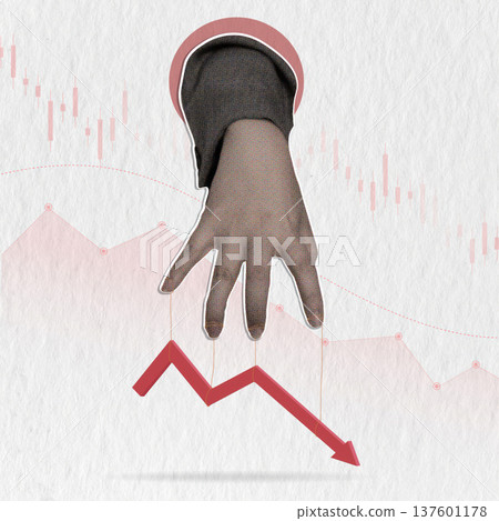 Collage depicting financial decline with hand gestures and charts. 137601178