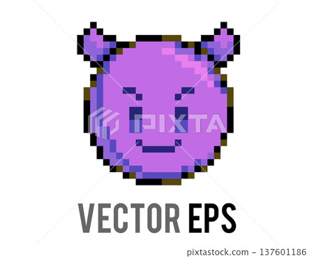 Pixel art purple devil face with horns and a mischievous smile, retro gaming style Pixel art purple devil face with horns and a mischievous smile, retro gaming style 137601186