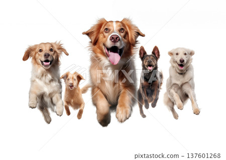 Group of dogs running and jumping isolated on white Group of dogs running and jumping isolated on white 137601268