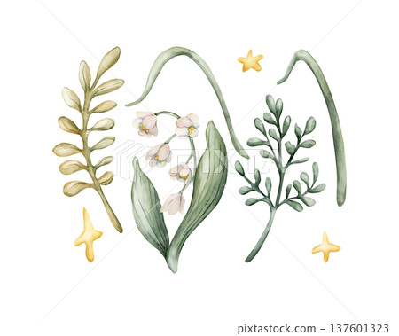 Cute Lilly of the valley flower leaves grass stars set. Watercolor summer floral forest illustration hand painted isolated on white background for nursery baby kids design fresh whimsical prints cards Cute Lilly of the valley flower leaves grass stars set. Watercolor summer floral forest illustration hand painted isolated on white background for nursery baby kids design fresh whimsical prints cards 137601323