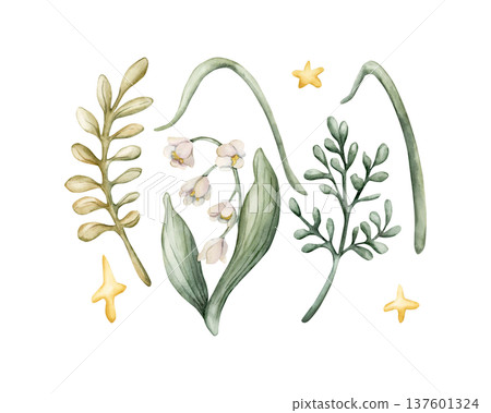 Cute Lilly of the valley flower leaves grass stars set. Watercolor summer floral forest illustration hand painted isolated on white background for nursery baby kids design fresh whimsical prints cards Cute Lilly of the valley flower leaves grass stars set. Watercolor summer floral forest illustration hand painted isolated on white background for nursery baby kids design fresh whimsical prints cards 137601324