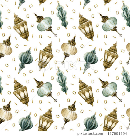 Hanging Lantern Seamless Pattern. Arabic style golden lamp Watercolor hand painted isolated illustration on white background for Ramadan design Muslim holiday Eid Mubarak Al Fitr Adha wrapping paper Hanging Lantern Seamless Pattern. Arabic style golden lamp Watercolor hand painted isolated illustration on white background for Ramadan design Muslim holiday Eid Mubarak Al Fitr Adha wrapping paper 137601394