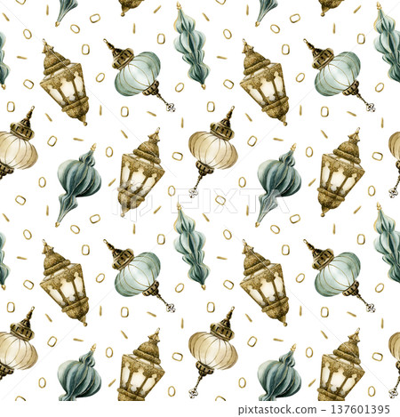 Hanging Lantern Seamless Pattern. Arabic style golden lamp Watercolor hand painted isolated illustration on white background for Ramadan design Muslim holiday Eid Mubarak Al Fitr Adha wrapping paper Hanging Lantern Seamless Pattern. Arabic style golden lamp Watercolor hand painted isolated illustration on white background for Ramadan design Muslim holiday Eid Mubarak Al Fitr Adha wrapping paper 137601395