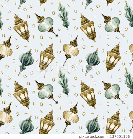 Hanging Lantern Seamless Pattern. Arabic style golden lamp Watercolor hand painted isolated illustration on blue background for Ramadan design Muslim holiday Eid Mubarak Al Fitr Adha wrapping paper Hanging Lantern Seamless Pattern. Arabic style golden lamp Watercolor hand painted isolated illustration on blue background for Ramadan design Muslim holiday Eid Mubarak Al Fitr Adha wrapping paper 137601396