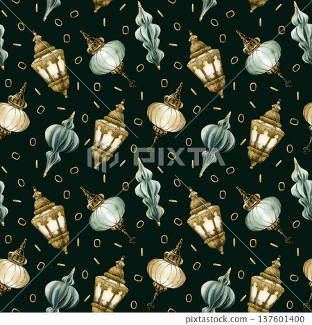 Hanging Lantern Seamless Pattern. Arabic style golden lamp Watercolor hand painted isolated illustration on dark background Ramadan design Muslim holiday Eid Mubarak Al Fitr Adha wrapping paper Hanging Lantern Seamless Pattern. Arabic style golden lamp Watercolor hand painted isolated illustration on dark background Ramadan design Muslim holiday Eid Mubarak Al Fitr Adha wrapping paper 137601400