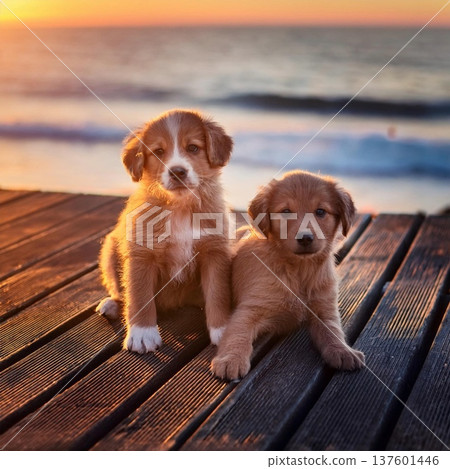 Puppy and the evening sea 137601446