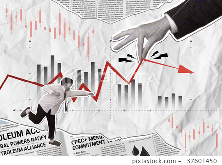 Collage depicting urgency in response to market fluctuations. Collage depicting urgency in response to market fluctuations. 137601450