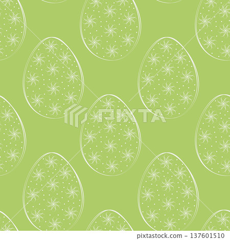 Seamless Pattern of Outline Easter Eggs with flower and dots decor Trendy White on green Spring Fond. Vector illustration Easter Greetings Thematic card background, media post, blog, leaflets, banners Seamless Pattern of Outline Easter Eggs with flower and dots decor Trendy White on green Spring Fond. Vector illustration Easter Greetings Thematic card background, media post, blog, leaflets, banners 137601510