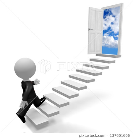 Cartoon character walking up a stairs - progress concept - 3D illustration 137601606