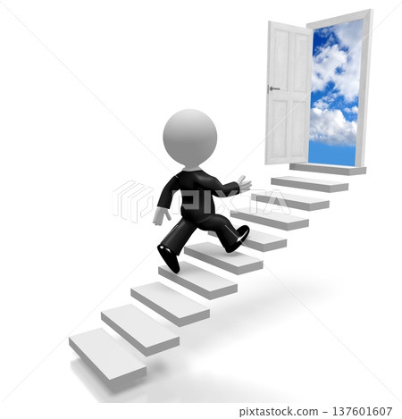 Cartoon character walking up a stairs - progress concept - 3D illustration Cartoon character walking up a stairs - progress concept - 3D illustration 137601607
