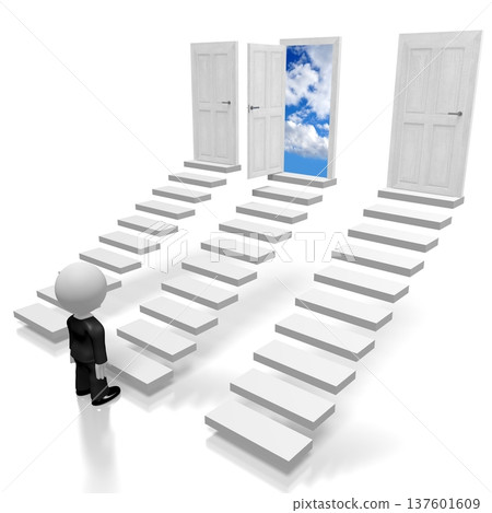 Cartoon character standing in front of stairs - unknown concept - 3D illustration Cartoon character standing in front of stairs - unknown concept - 3D illustration 137601609