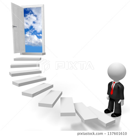 Cartoon character standing in front of stairs - unknown concept - 3D illustration Cartoon character standing in front of stairs - unknown concept - 3D illustration 137601610