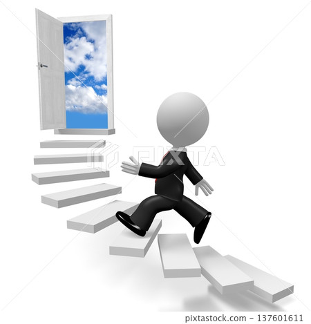 Cartoon character walking up a stairs - progress concept - 3D illustration 137601611