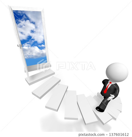 Cartoon character walking up a stairs - progress concept - 3D illustration 137601612