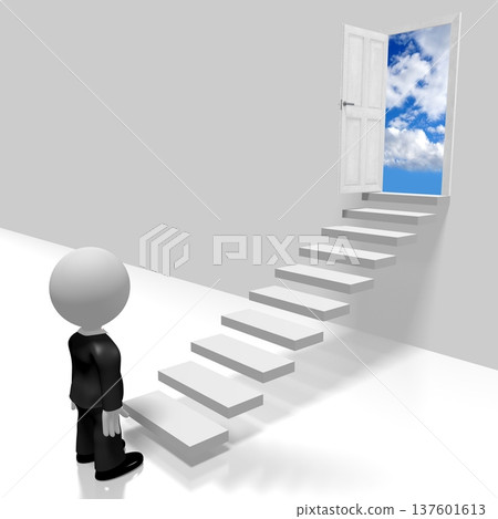 Cartoon character standing in front of stairs - unknown concept - 3D illustration 137601613