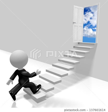 Cartoon character walking up a stairs - progress concept - 3D illustration Cartoon character walking up a stairs - progress concept - 3D illustration 137601614