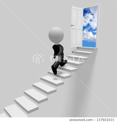 Cartoon character walking up a stairs - progress concept - 3D illustration 137601615