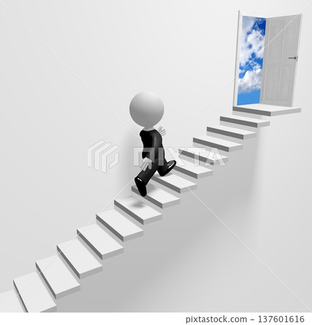 Cartoon character walking up a stairs - progress concept - 3D illustration Cartoon character walking up a stairs - progress concept - 3D illustration 137601616