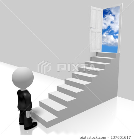 Cartoon character standing in front of stairs - unknown concept - 3D illustration Cartoon character standing in front of stairs - unknown concept - 3D illustration 137601617
