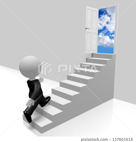 Cartoon character walking up a stairs - progress concept - 3D illustration 137601618