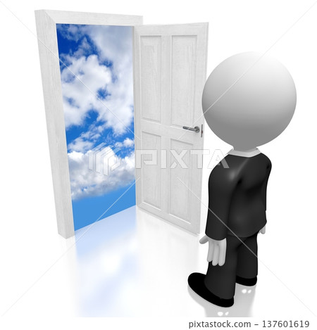 Cartoon character stands in front of open door - future concept - 3D illustration 137601619