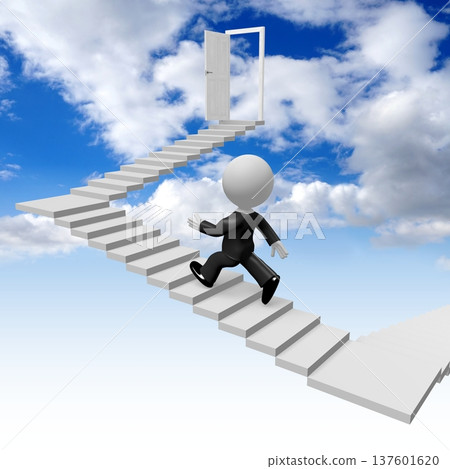 Cartoon character walking up a stairs - progress concept - 3D illustration Cartoon character walking up a stairs - progress concept - 3D illustration 137601620