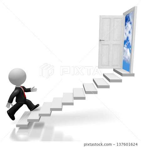 Cartoon character walking up a stairs - progress concept - 3D illustration Cartoon character walking up a stairs - progress concept - 3D illustration 137601624
