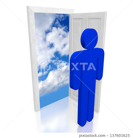 Cartoon character and open door - opportunity concept - 3D illustration Cartoon character and open door - opportunity concept - 3D illustration 137601625
