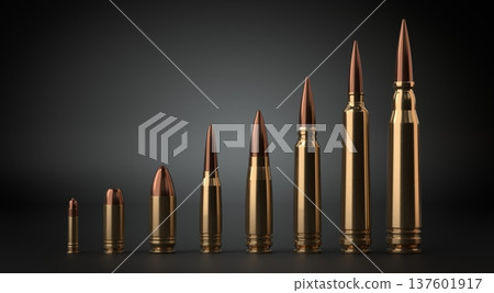 Bullets of different Calibers Standing in row on black Background - 3d illustration Bullets of different Calibers Standing in row on black Background - 3d illustration 137601917