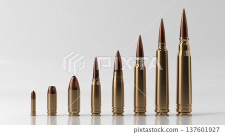 Bullets of different Calibers Standing in row on white Background - 3d illustration Bullets of different Calibers Standing in row on white Background - 3d illustration 137601927