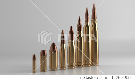 Selective focus on single Bullet among others on white Background - 3d illustration Selective focus on single Bullet among others on white Background - 3d illustration 137601932