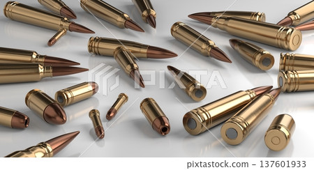 Two rows of different Caliber Bullets on white Background - 3d illustration Two rows of different Caliber Bullets on white Background - 3d illustration 137601933
