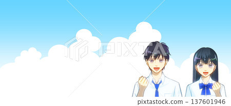 一幅動漫風格的插畫，描繪了身著夏裝的高中或初中男生女生，背景是廣闊的藍天。 137601946