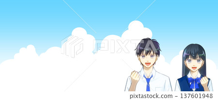 一幅動漫風格的插畫，描繪了身著夏裝的高中或初中男生女生，背景是廣闊的藍天。 137601948