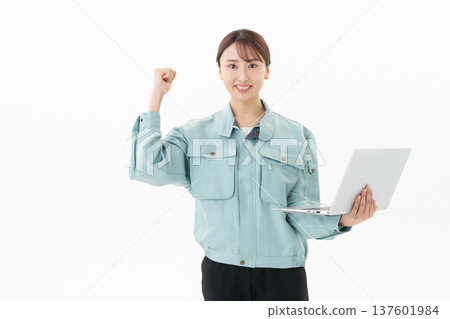 Young female worker on white background 137601984