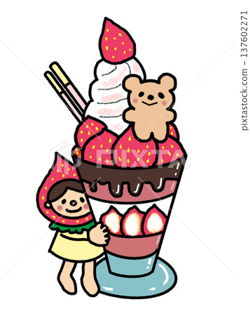 A big strawberry parfait, a teddy bear cookie, and a girl 137602271