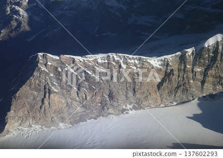 A close-up view of the snowy fields and the Himalayan mountain ranges seen from a mountain flight A close-up view of the snowy fields and the Himalayan mountain ranges seen from a mountain flight 137602293