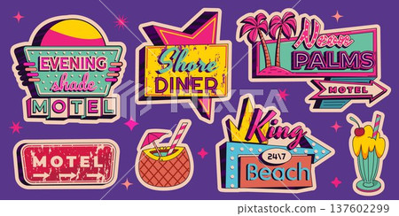 Vintage neon bar and motel retro signs with arrows 137602299