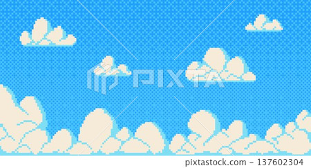 Pixel art sky with fluffy clouds on blue Pixel art sky with fluffy clouds on blue 137602304
