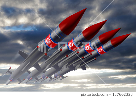 Missiles with North Korea flags flying in the air Missiles with North Korea flags flying in the air 137602323