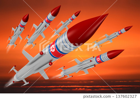 Missiles with North Korea flags flying in the air Missiles with North Korea flags flying in the air 137602327