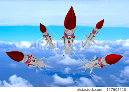 Missiles with North Korea flags flying in the air Missiles with North Korea flags flying in the air 137602328
